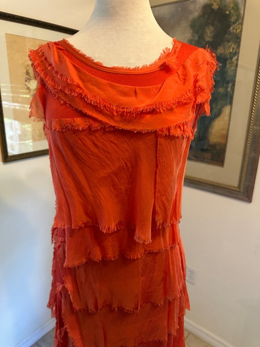 Made in Italy Coral-Orange Tiered Fringe 100% Silk Dress Size Medium - Picture 5 of 9